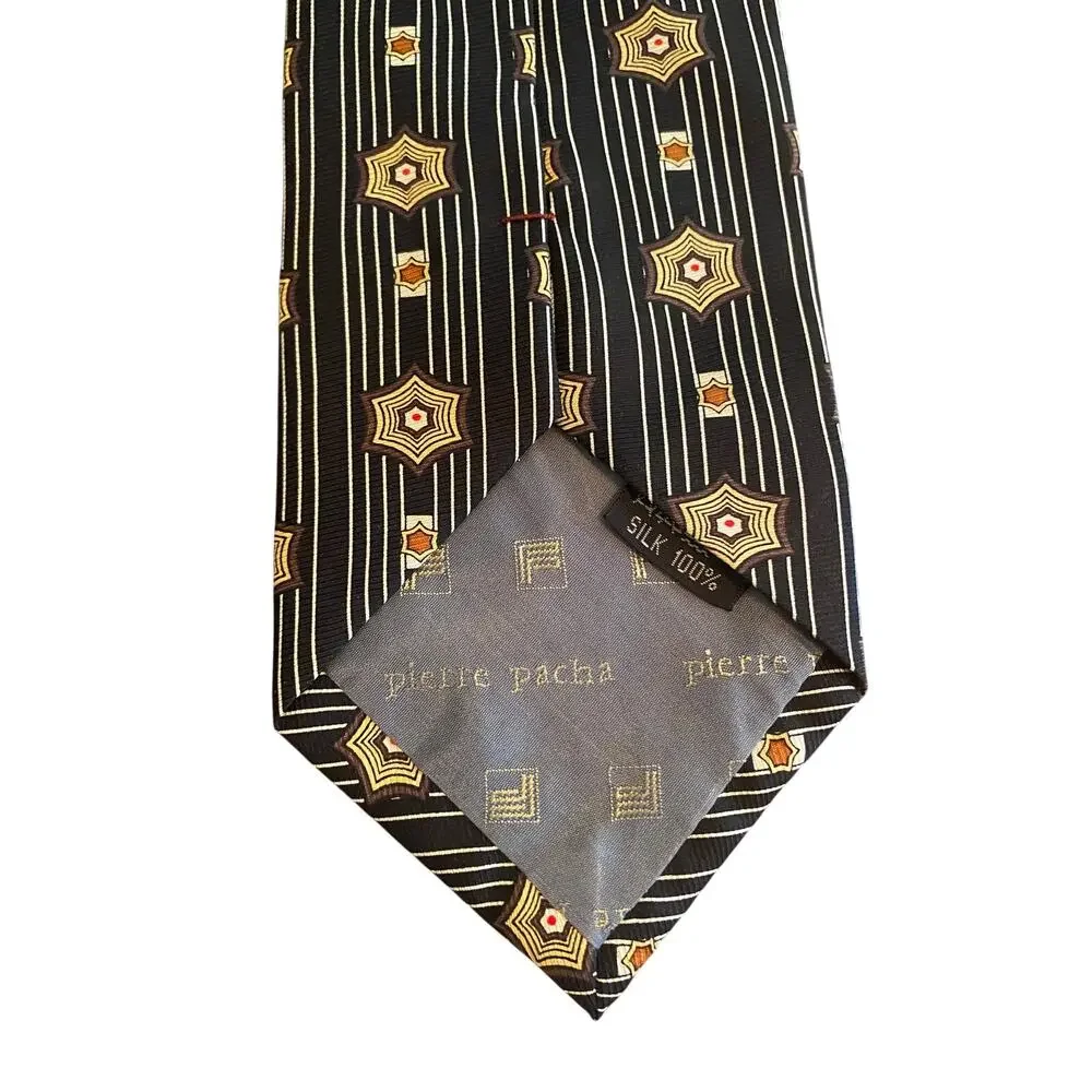Pierre Pacha Italy 100% Silk Geometric Necktie‎ Black Art Deco Vintage